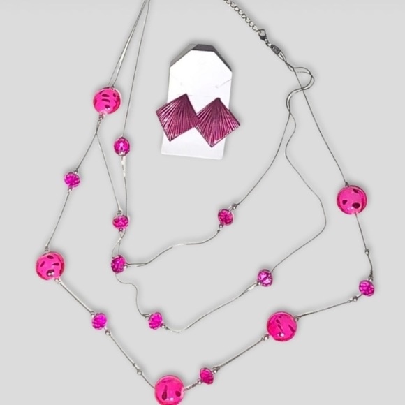 Beaded Necklace and Statement Earrings Set Hot Pink Silver - Picture 1 of 3
